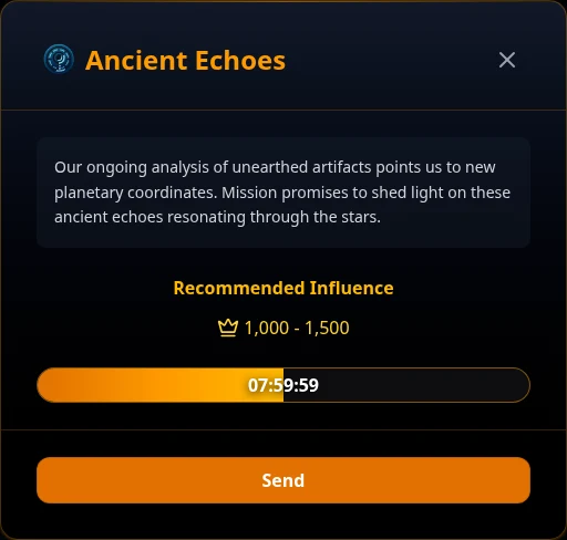 Ancient Echoes Exploration mission dialog with recommended influence, expiration timer, and Send button.
