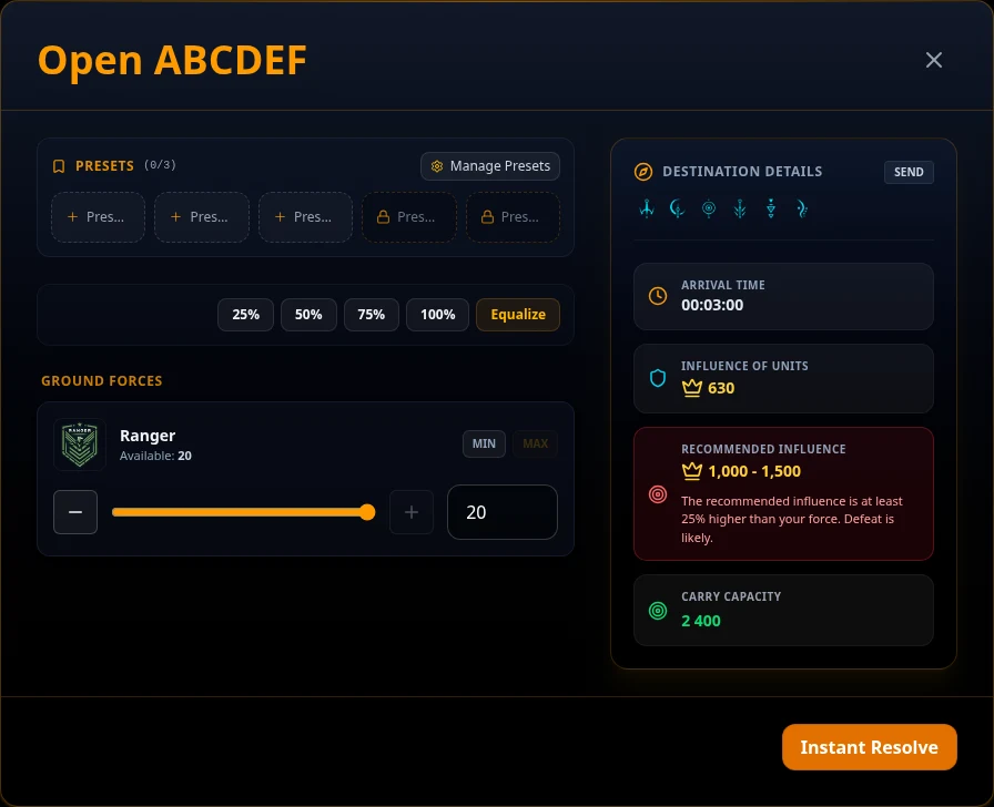 Portal mission ground-unit selection form showing Rangers, a warning that the selected force is too weak, and the Instant Resolve action.